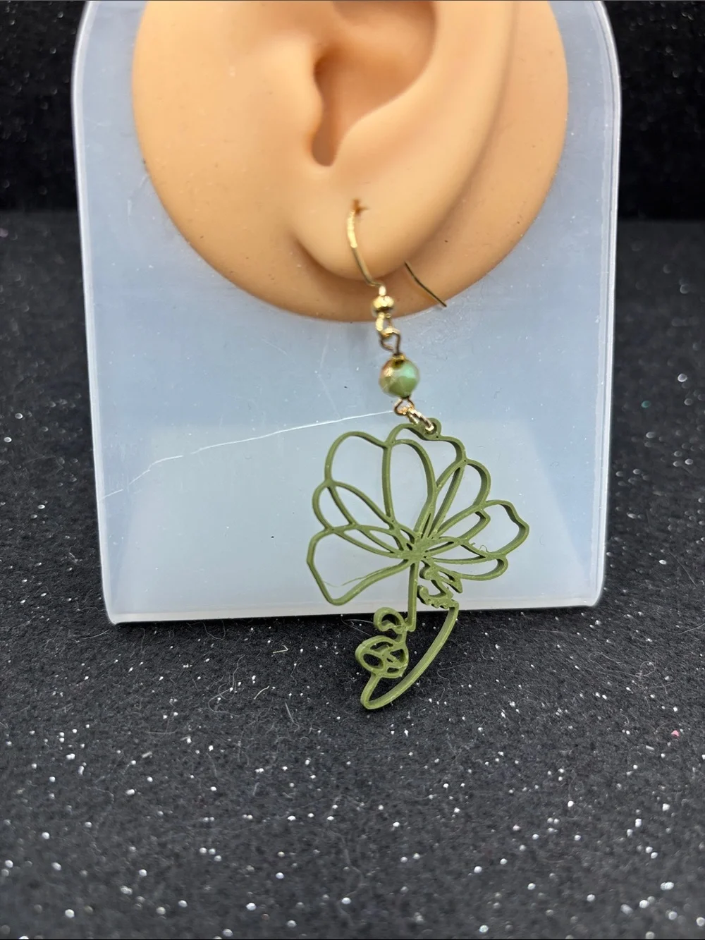 Olive Green Floral Line Art Dangle Earrings